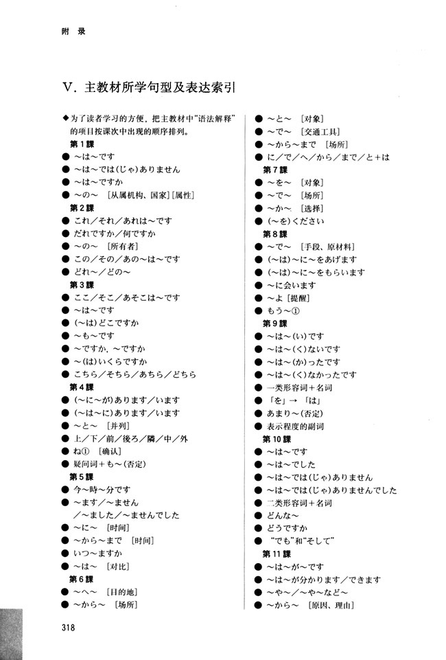 Ⅴ　主教材所学句型及表达索引_人教版新版标准日语初级同步练习